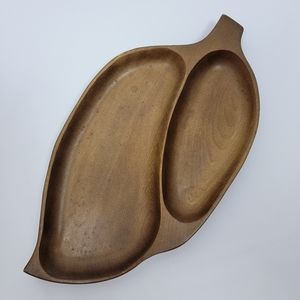 Vintage Wooden Leaf Plate Two Compartment Serving Tray 13½"×7"